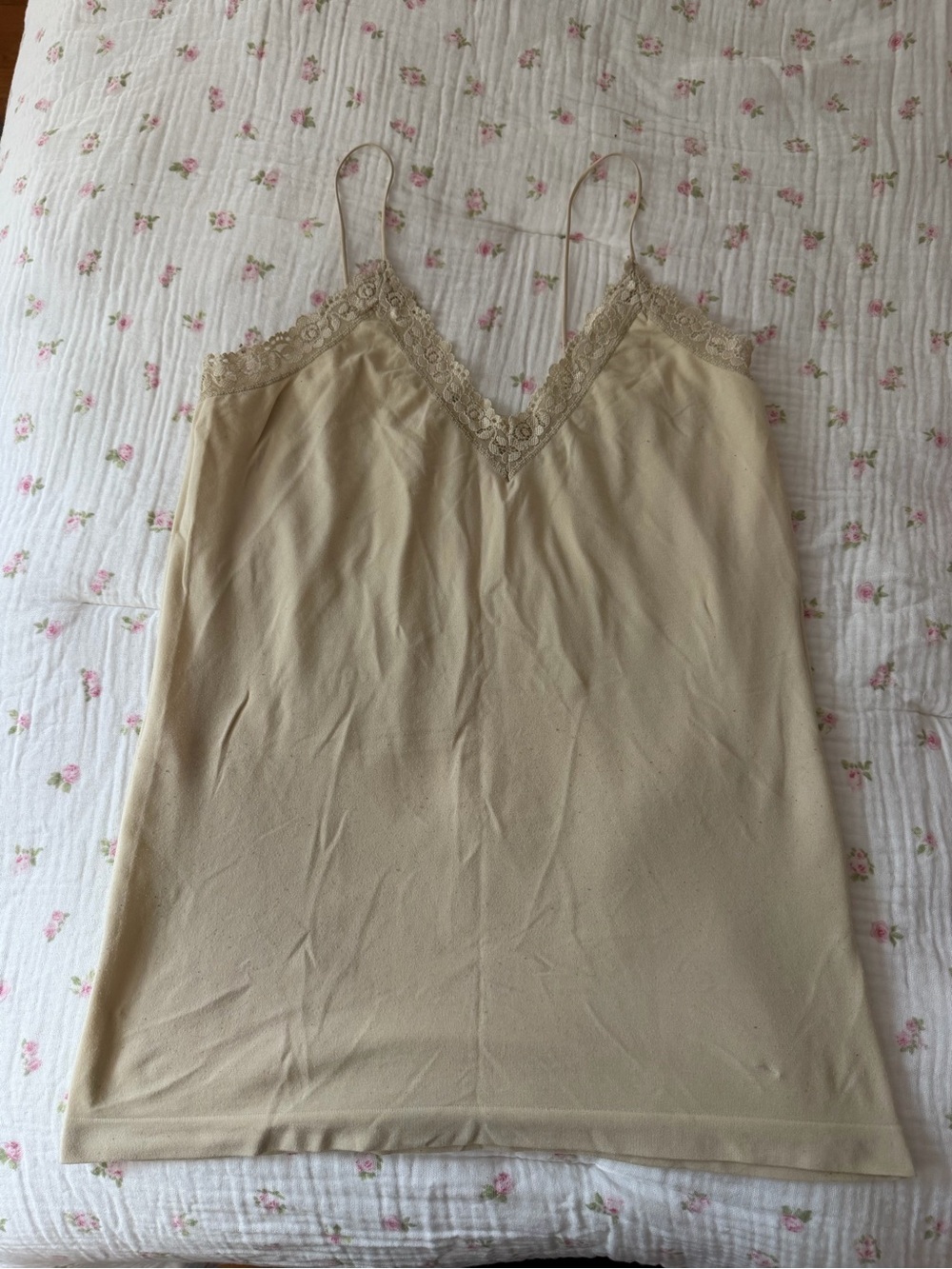 Lace-Trim Slip Tank Top in Beige
